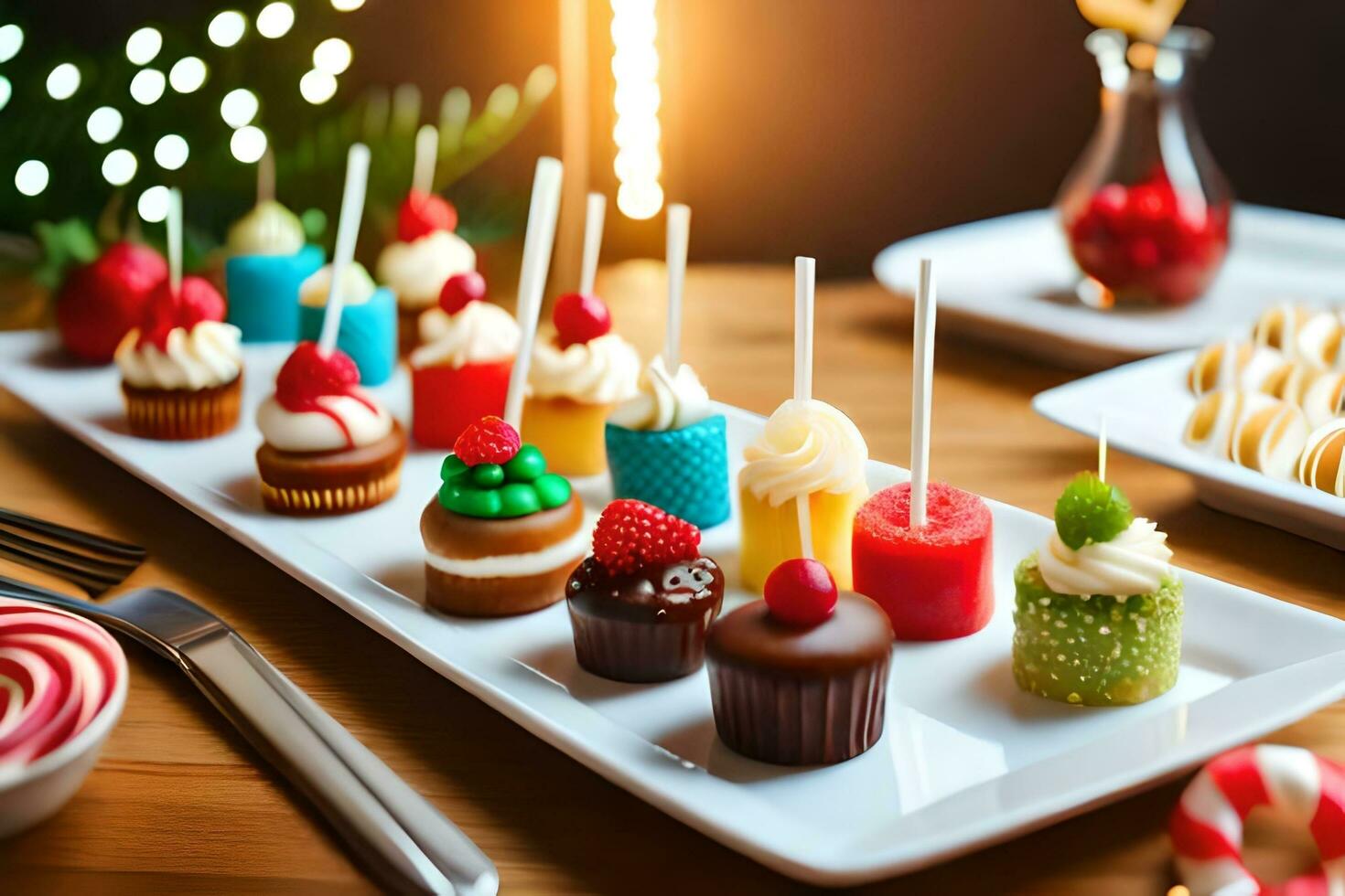 christmas dessert buffet with cupcakes and candy. AI-Generated photo