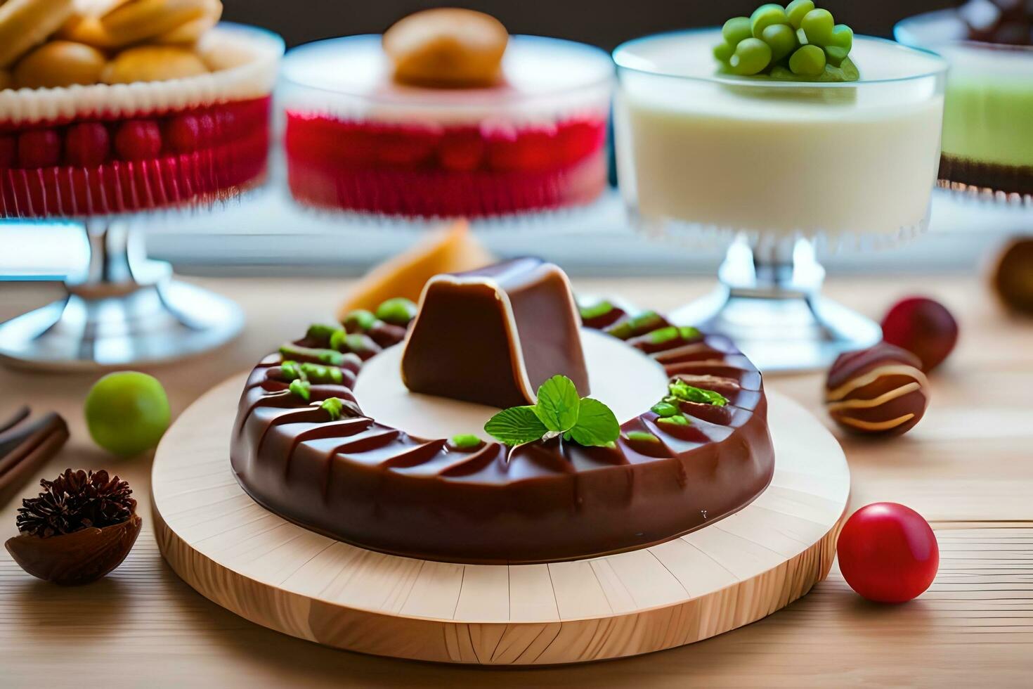 chocolate cake on a wooden table with other desserts. AI-Generated photo