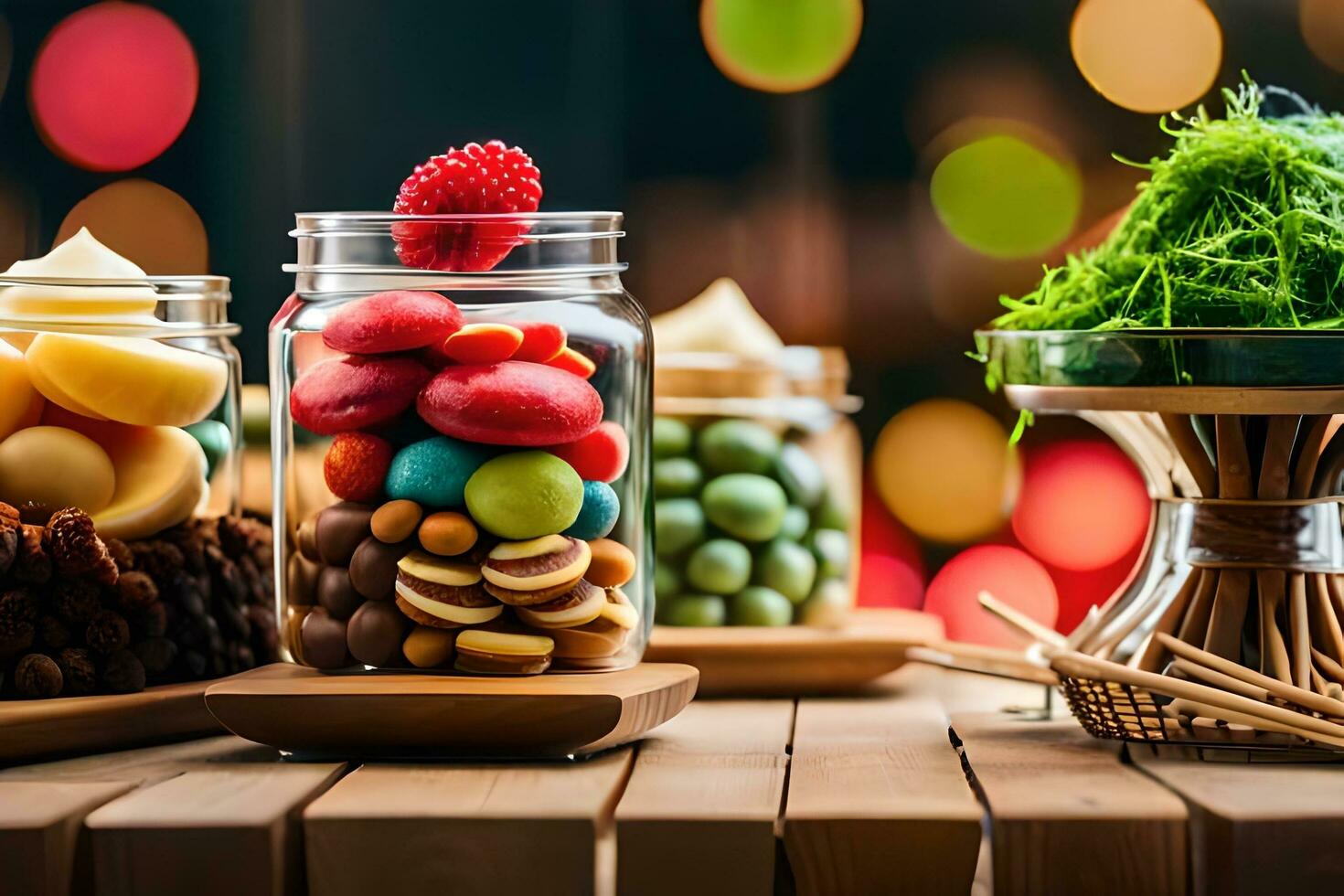 various types of sweets in jars on a table. AI-Generated photo