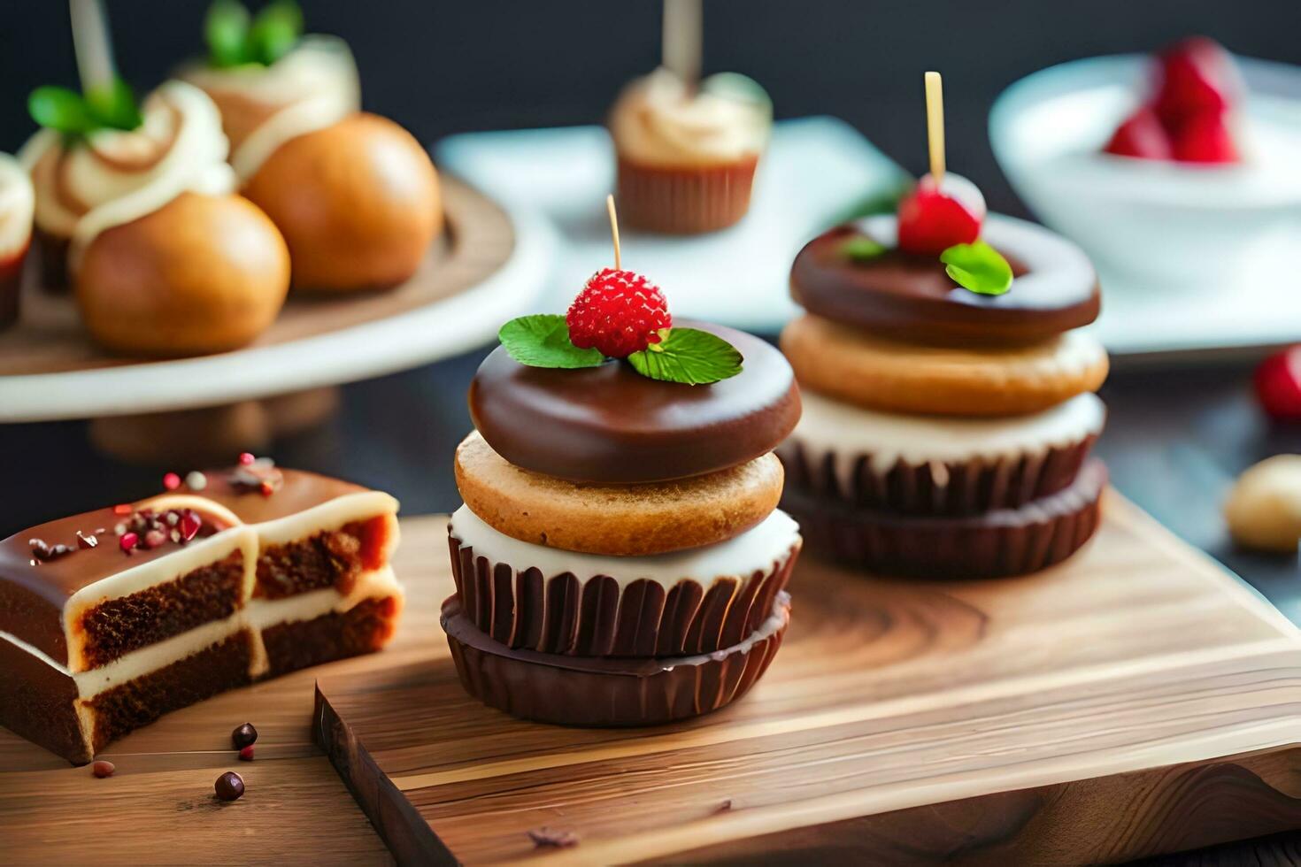 a wooden table with cupcakes and other desserts. AI-Generated photo