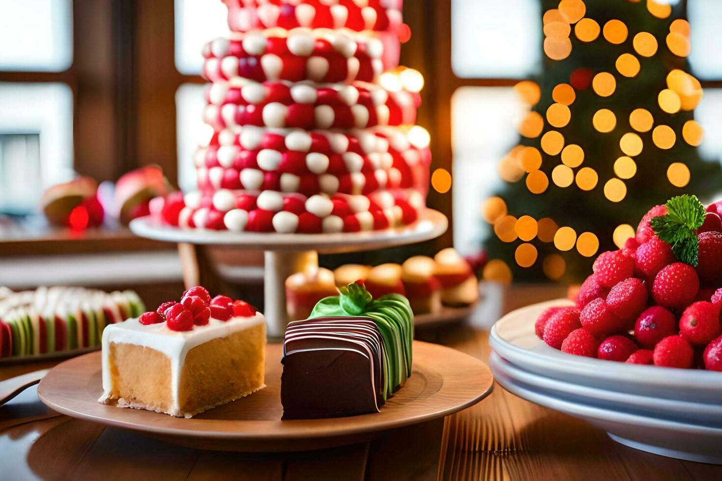 christmas desserts on a table in front of a christmas tree. AI-Generated photo