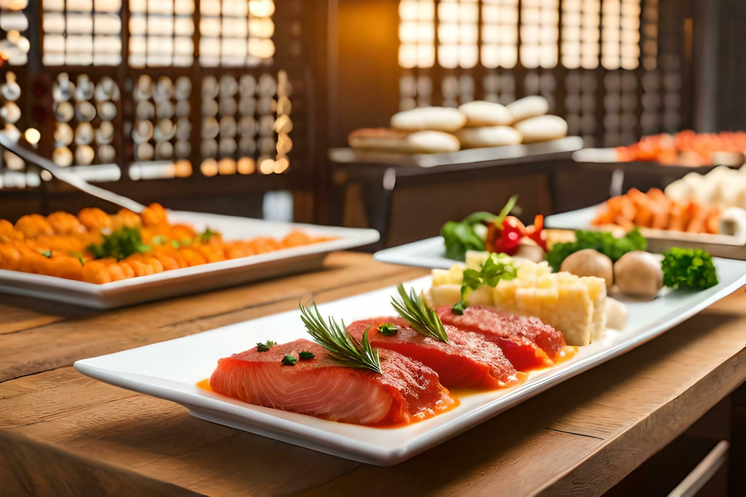 a buffet table with various types of food. AI-Generated 32451337 Stock