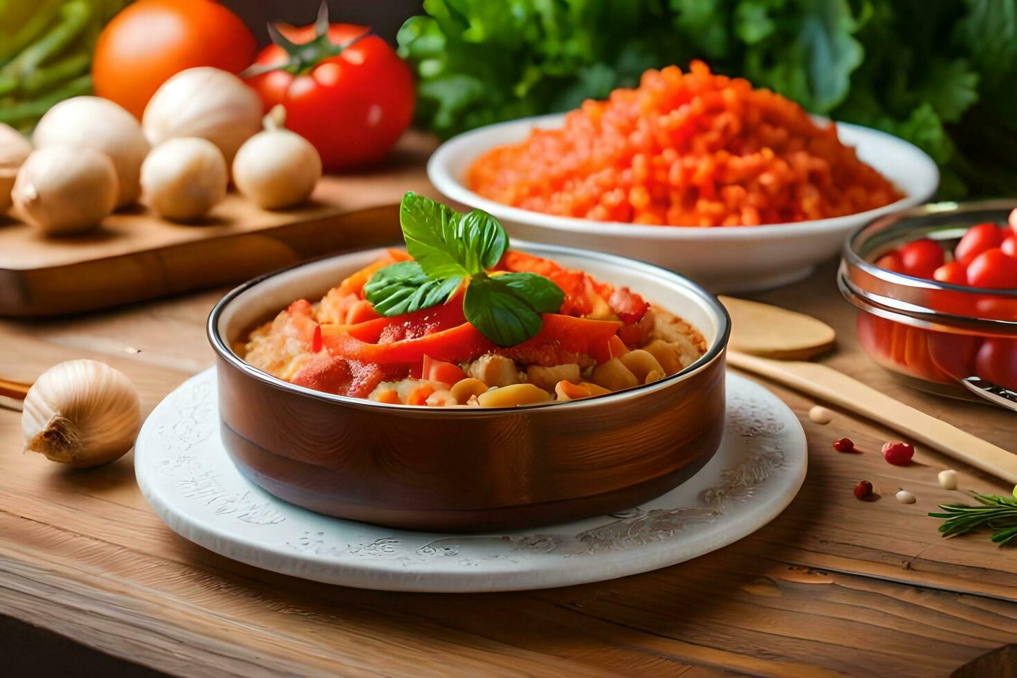 a bowl of pasta with tomatoes and vegetables. AI-Generated photo