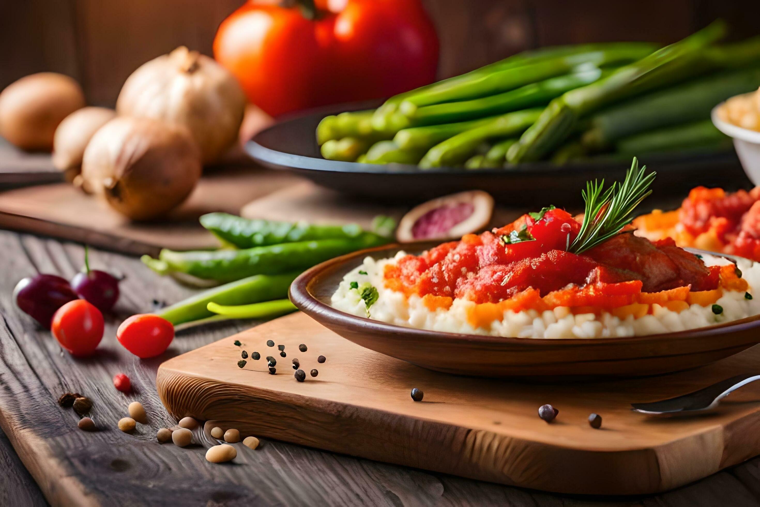 a bowl of rice with tomato sauce and vegetables. AIGenerated 32451402
