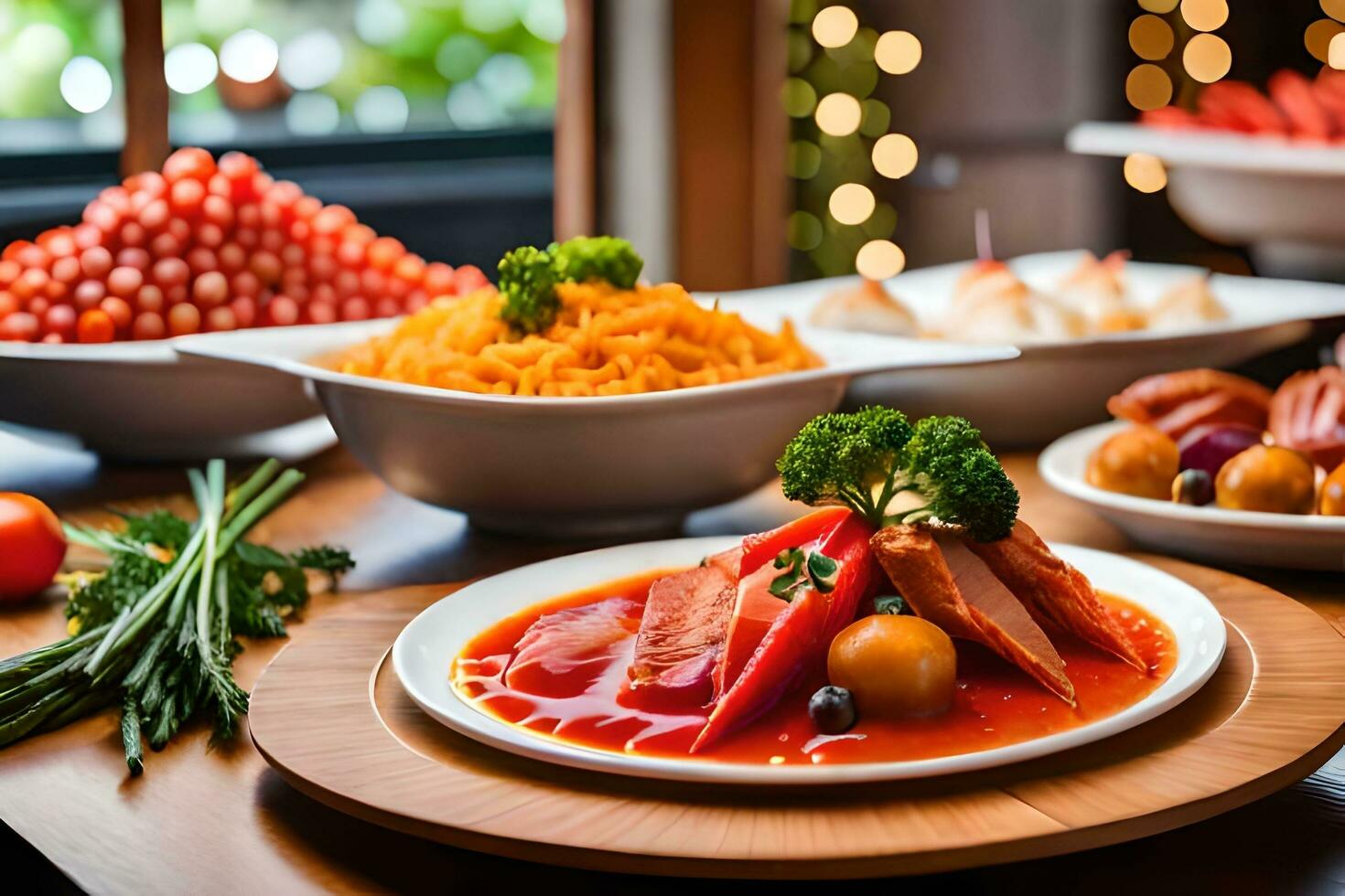 a buffet table with various types of food. AI-Generated 32451419 Stock