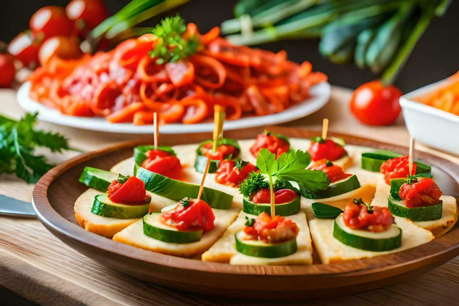 a plate of appetizers with vegetables and cheese. AI-Generated photo