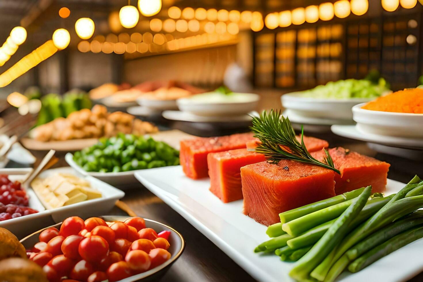 a buffet table with various types of food. AI-Generated 32451443 Stock