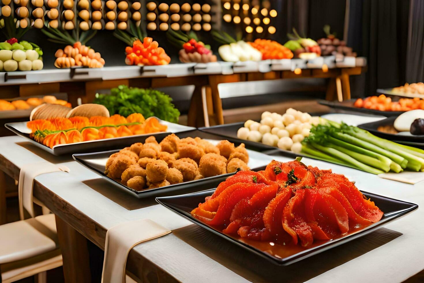 a buffet table with various types of food. AI-Generated 32451516 Stock