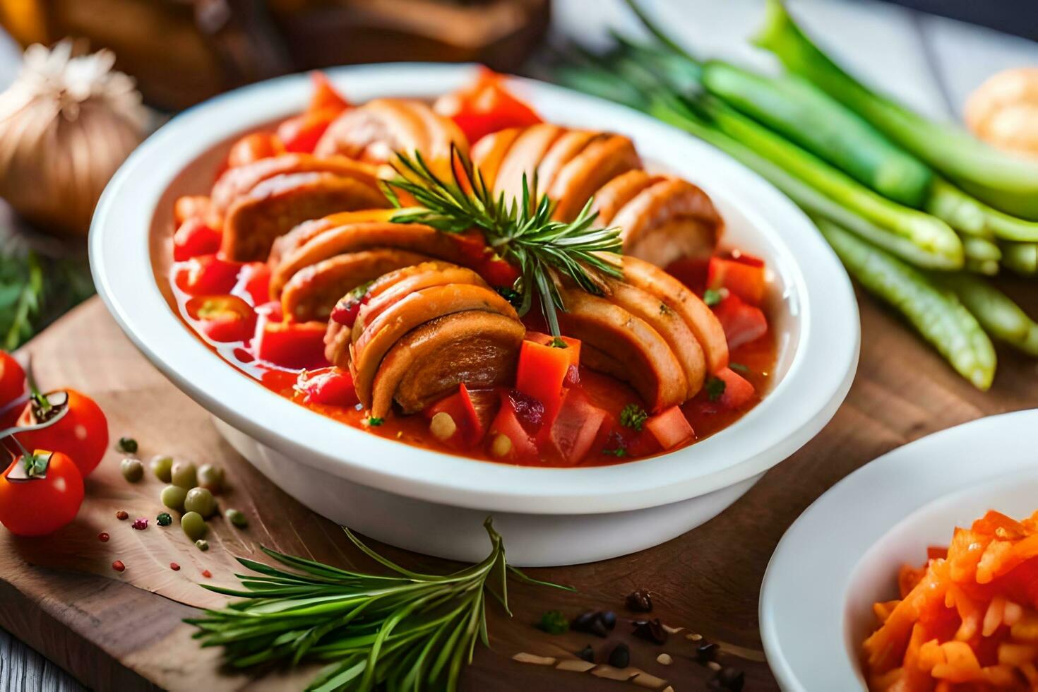sausage and tomato stew in white bowls on a wooden table. AI-Generated photo