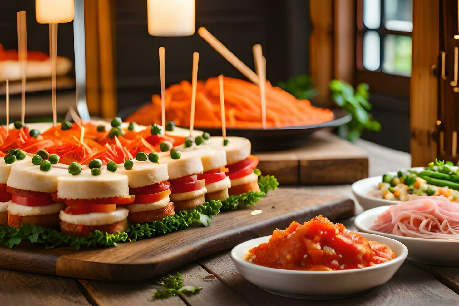 a table with a variety of appetizers and vegetables. AI-Generated photo