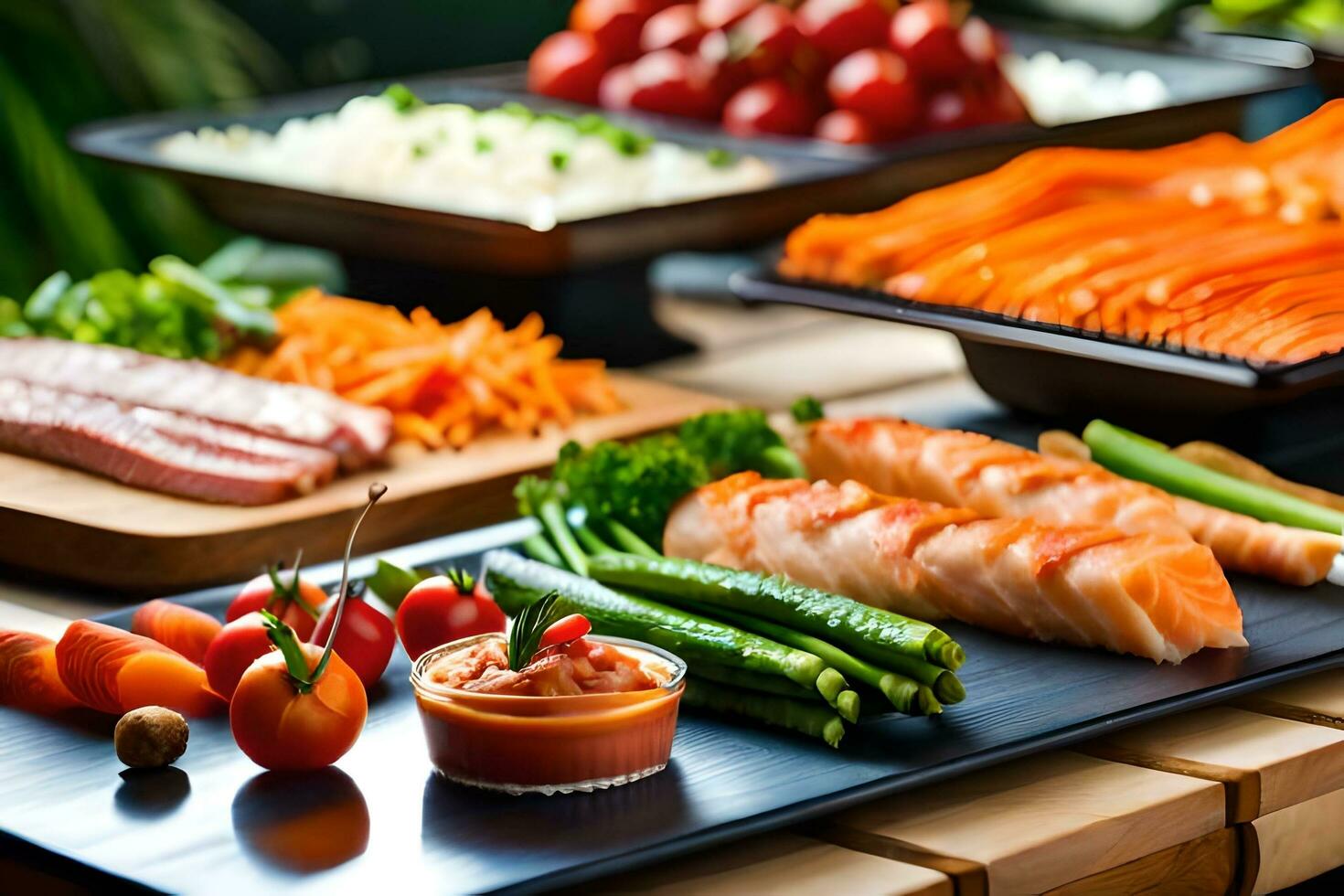 a buffet table with various types of food. AI-Generated 32451627 Stock
