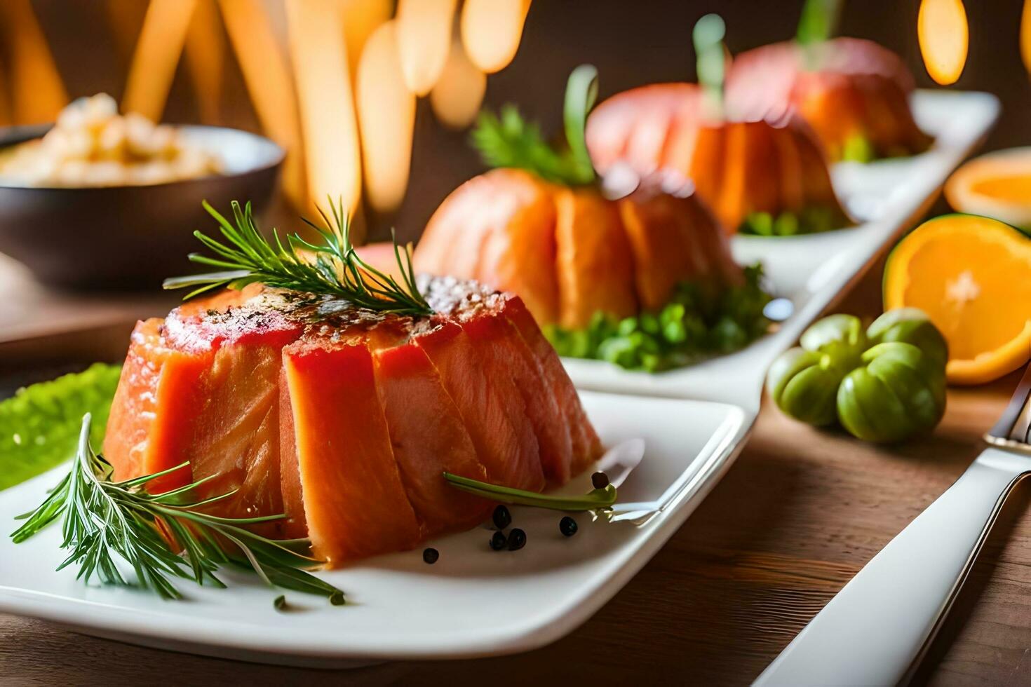 ahumado salmón con naranja y Romero. generado por ai foto