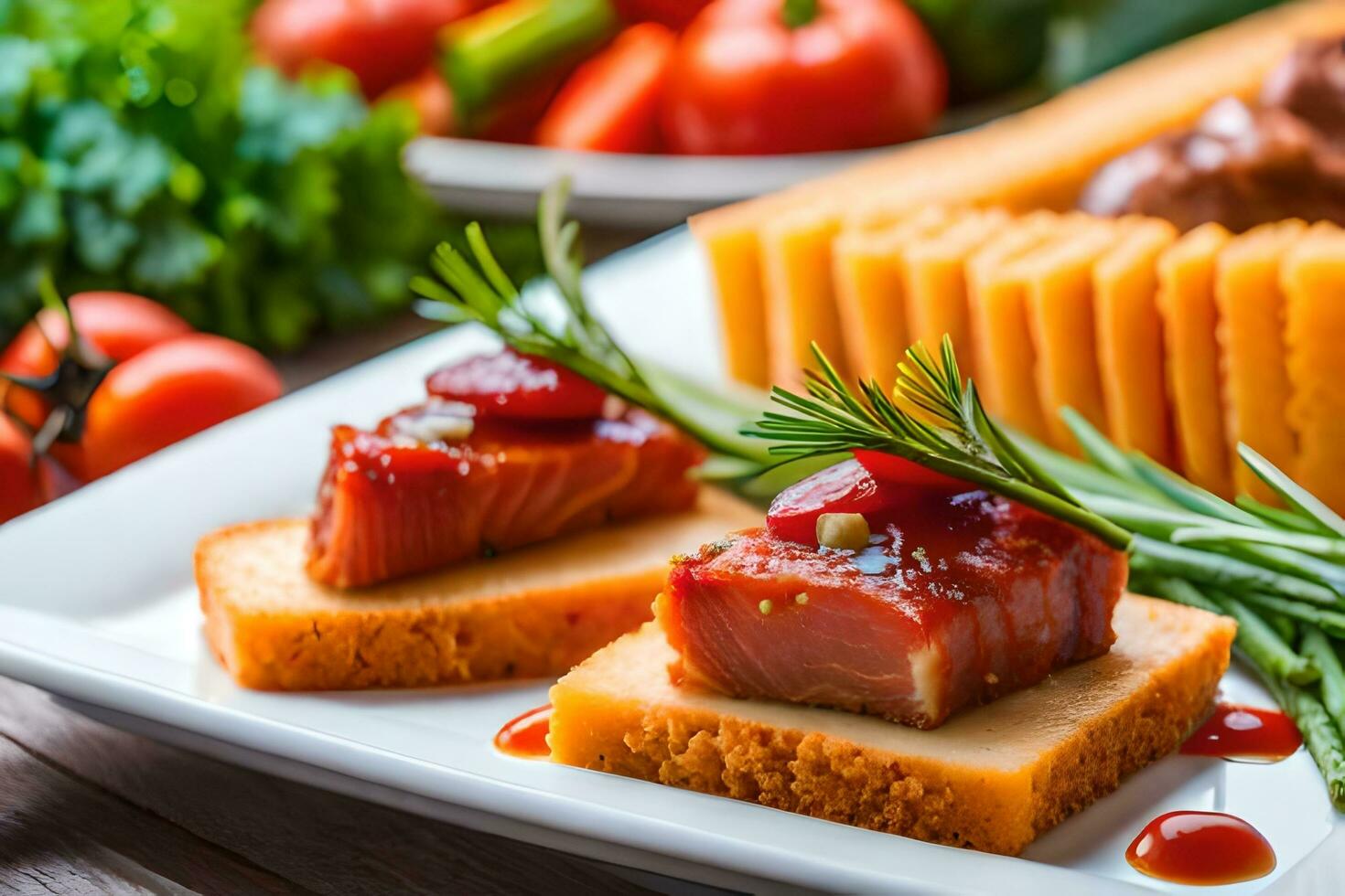 a plate of food with cheese, meat and vegetables. AI-Generated photo