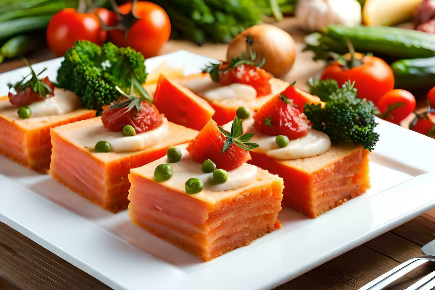 a plate of food with vegetables and salmon. AI-Generated photo