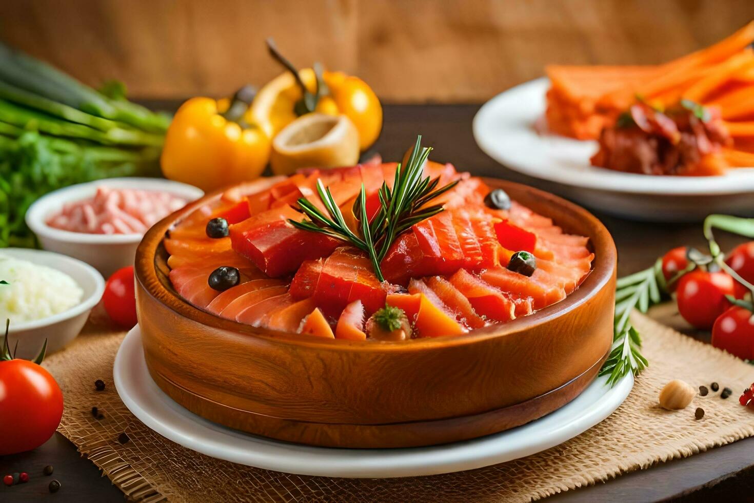 a bowl of smoked salmon with vegetables and other ingredients. AI-Generated photo