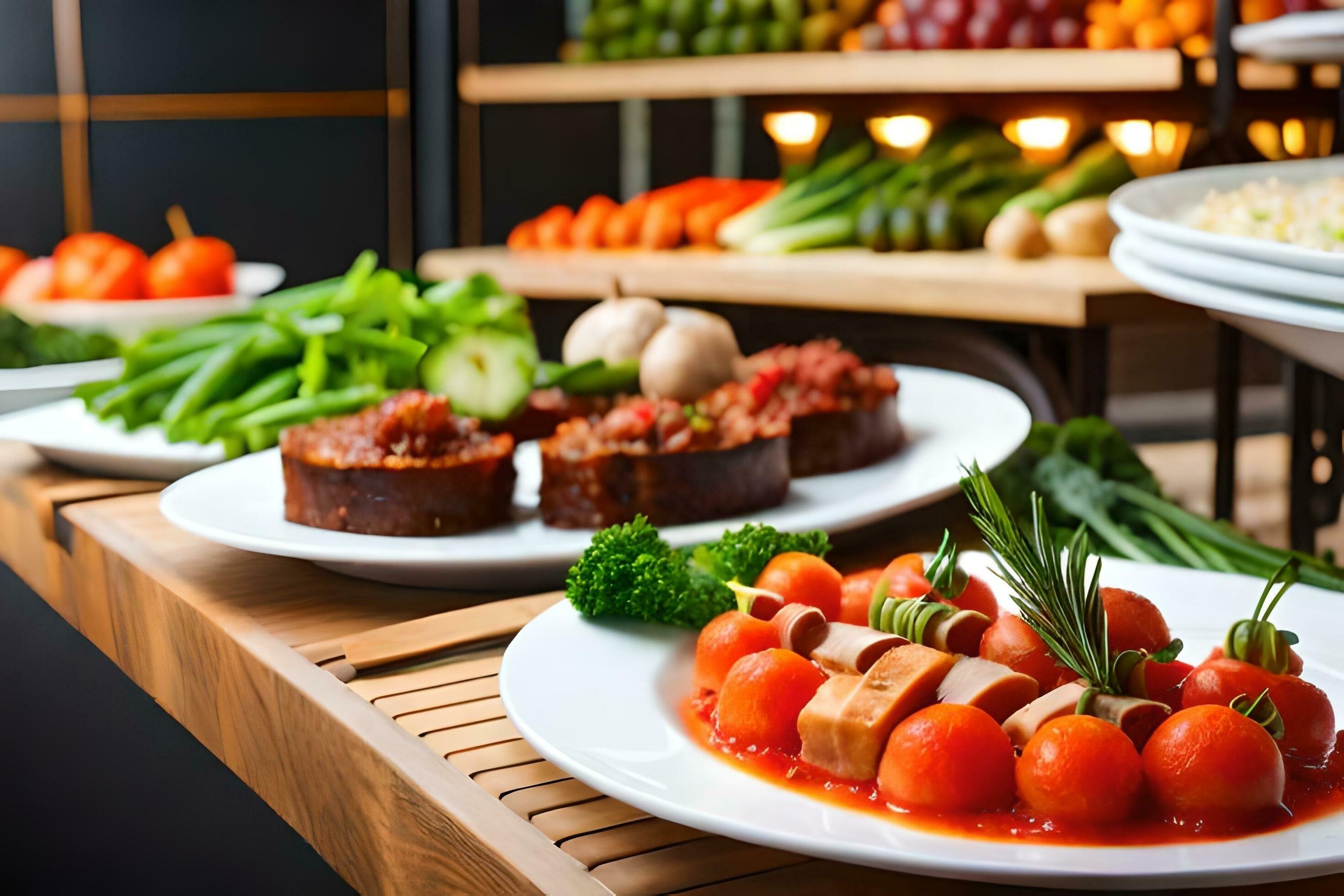 a buffet with various types of food on it. AI-Generated 32451970 Stock