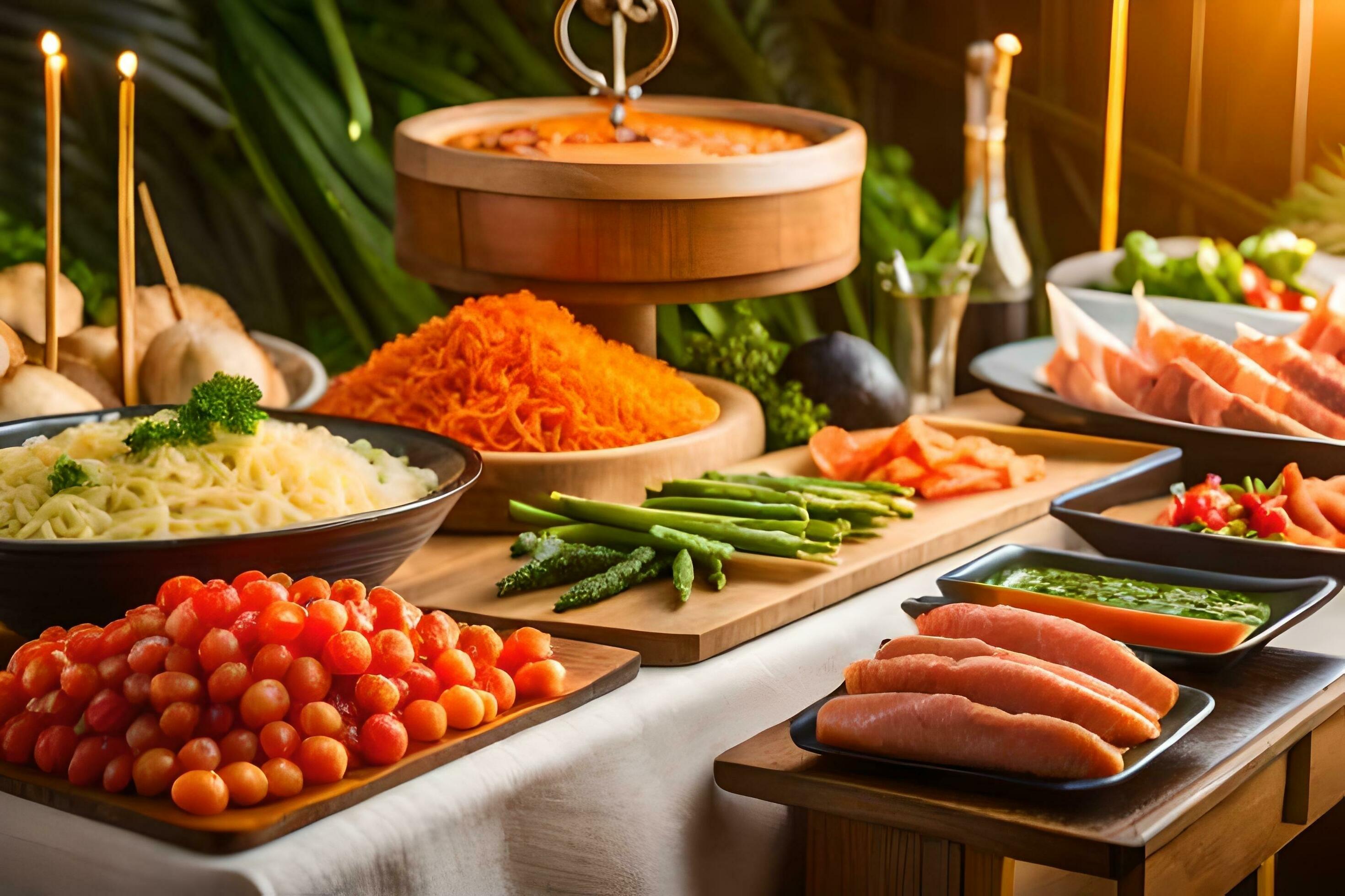 a buffet table with various types of food. AI-Generated 32452108 Stock
