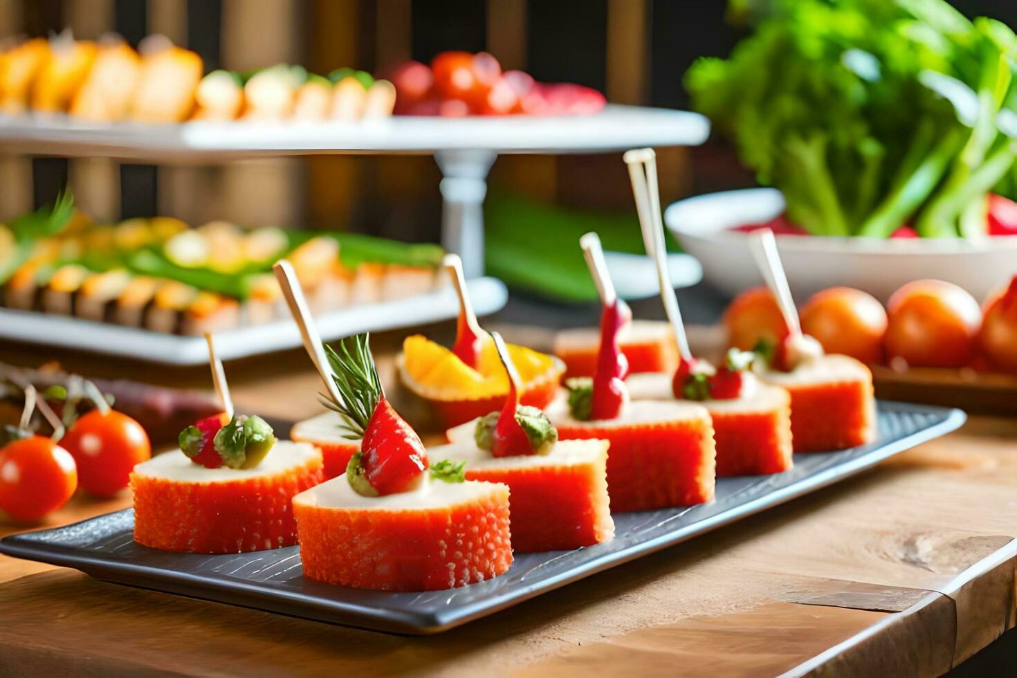 a buffet table with appetizers and vegetables. AI-Generated photo