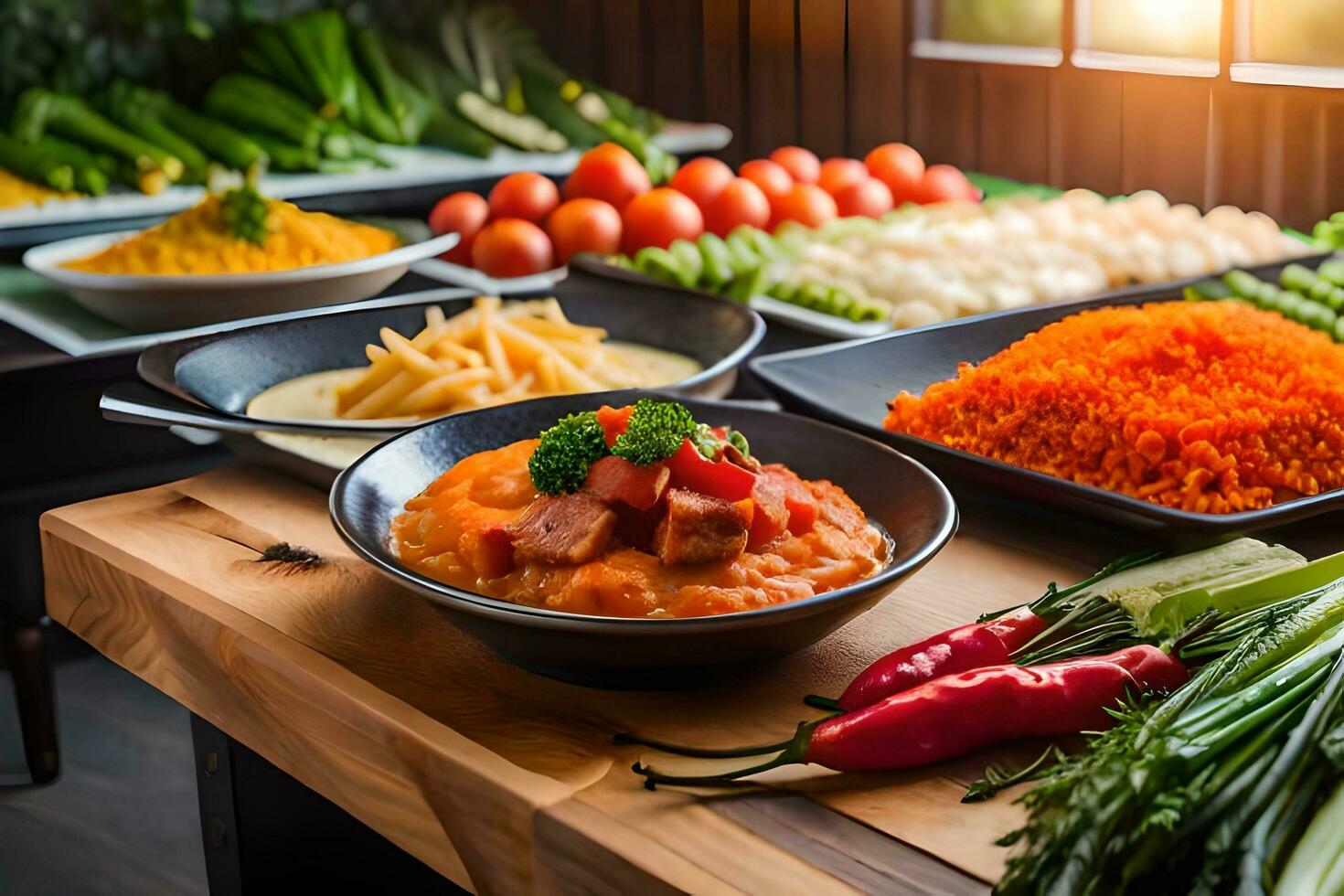 a buffet with various types of food on it. AI-Generated 32452132 Stock