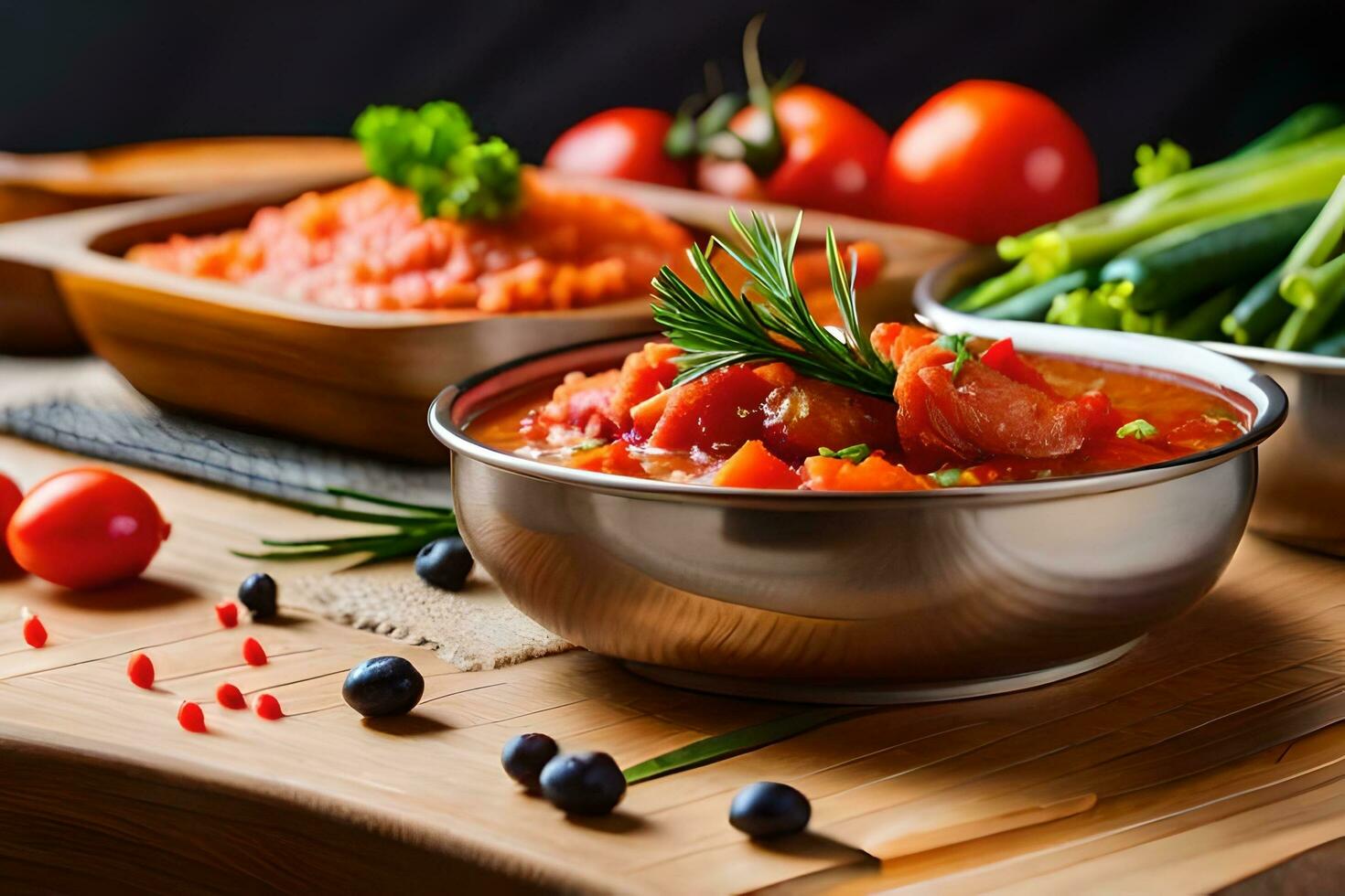 a bowl of tomato soup with vegetables and herbs. AI-Generated photo