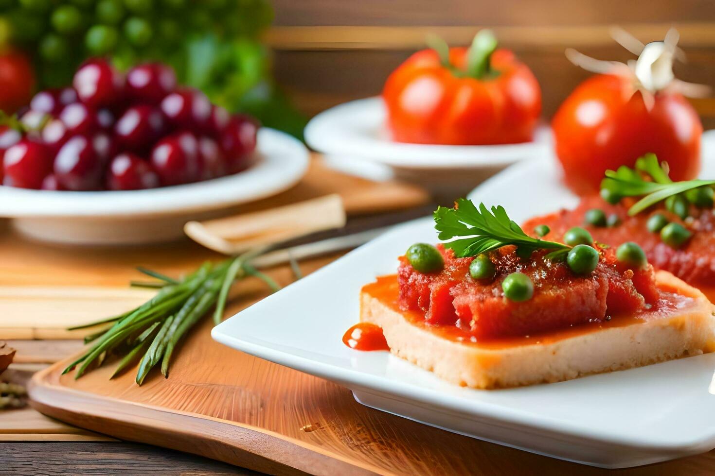 a plate of food with tomatoes, grapes and other vegetables. AI-Generated photo