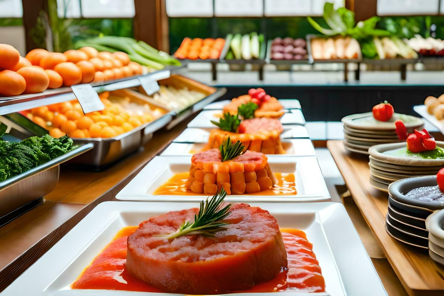 a buffet with many different types of food. AI-Generated photo