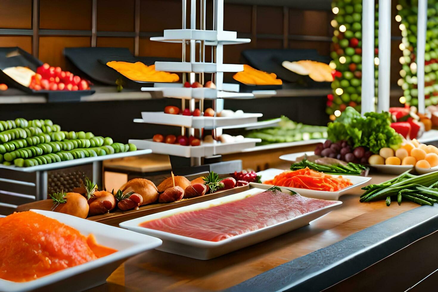 a buffet with various types of food on display. AI-Generated photo