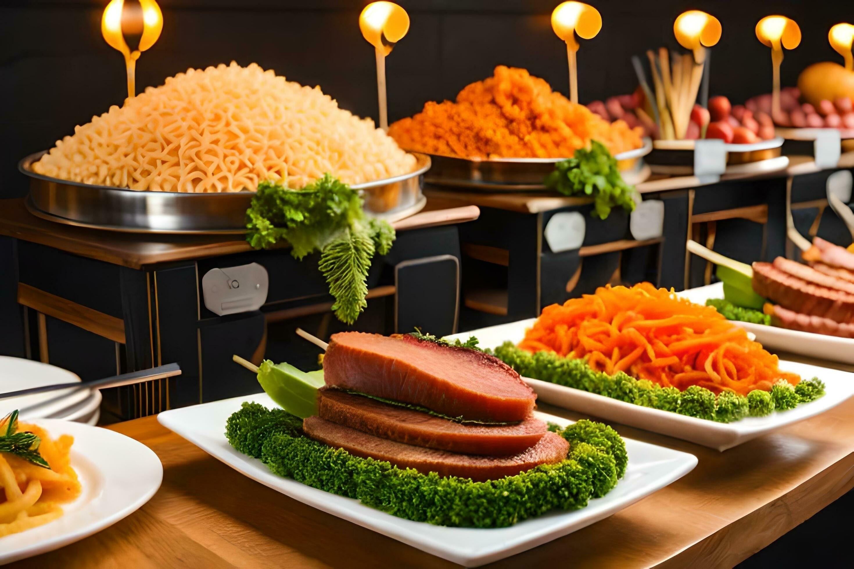 a buffet with various types of food on it. AI-Generated 32452571 Stock