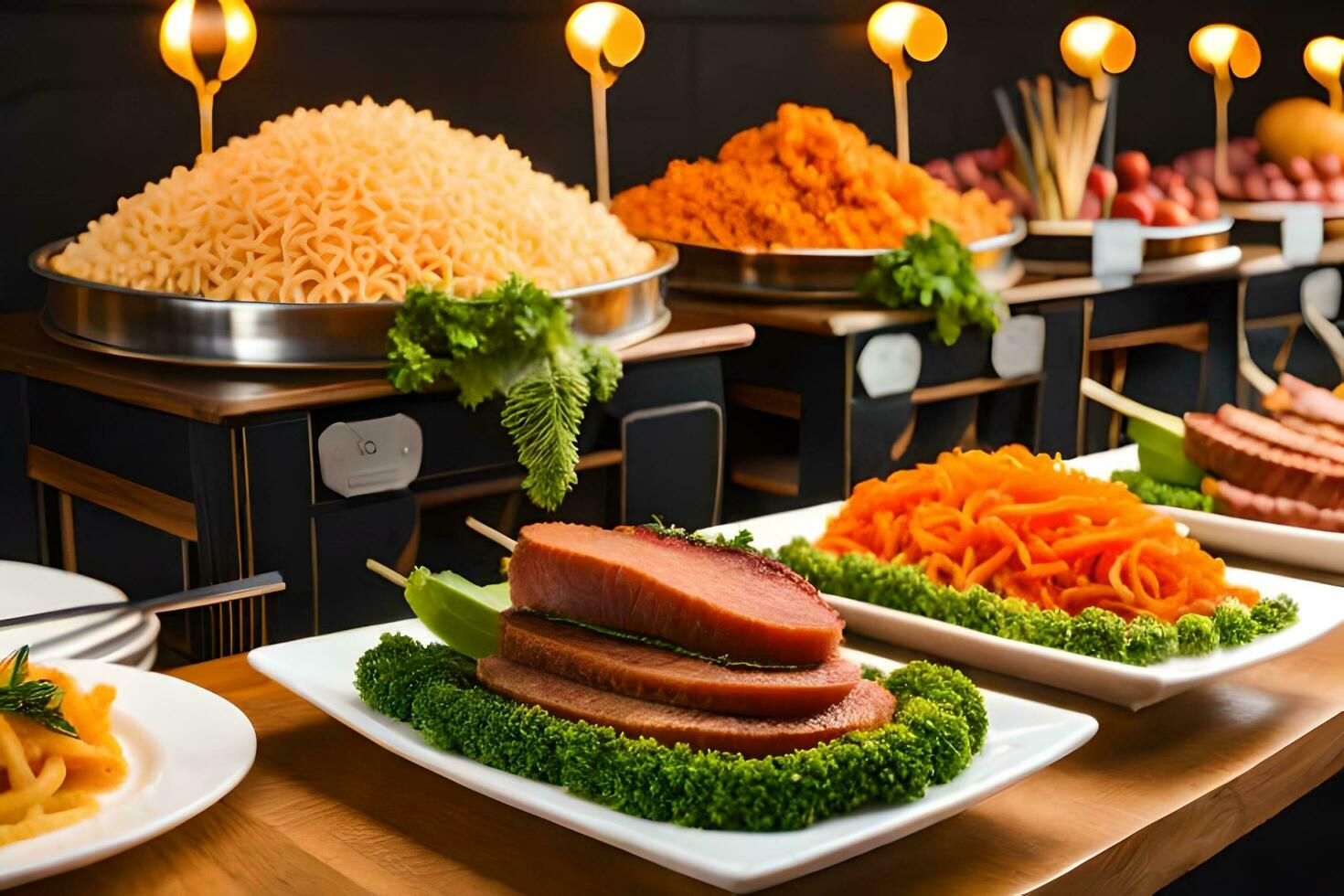 a buffet with various types of food on it. AI-Generated photo