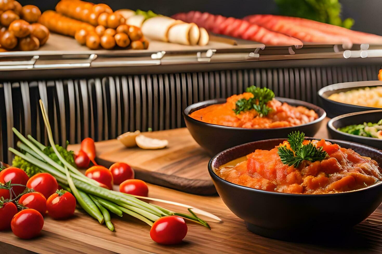a table with bowls of food and vegetables. AI-Generated photo