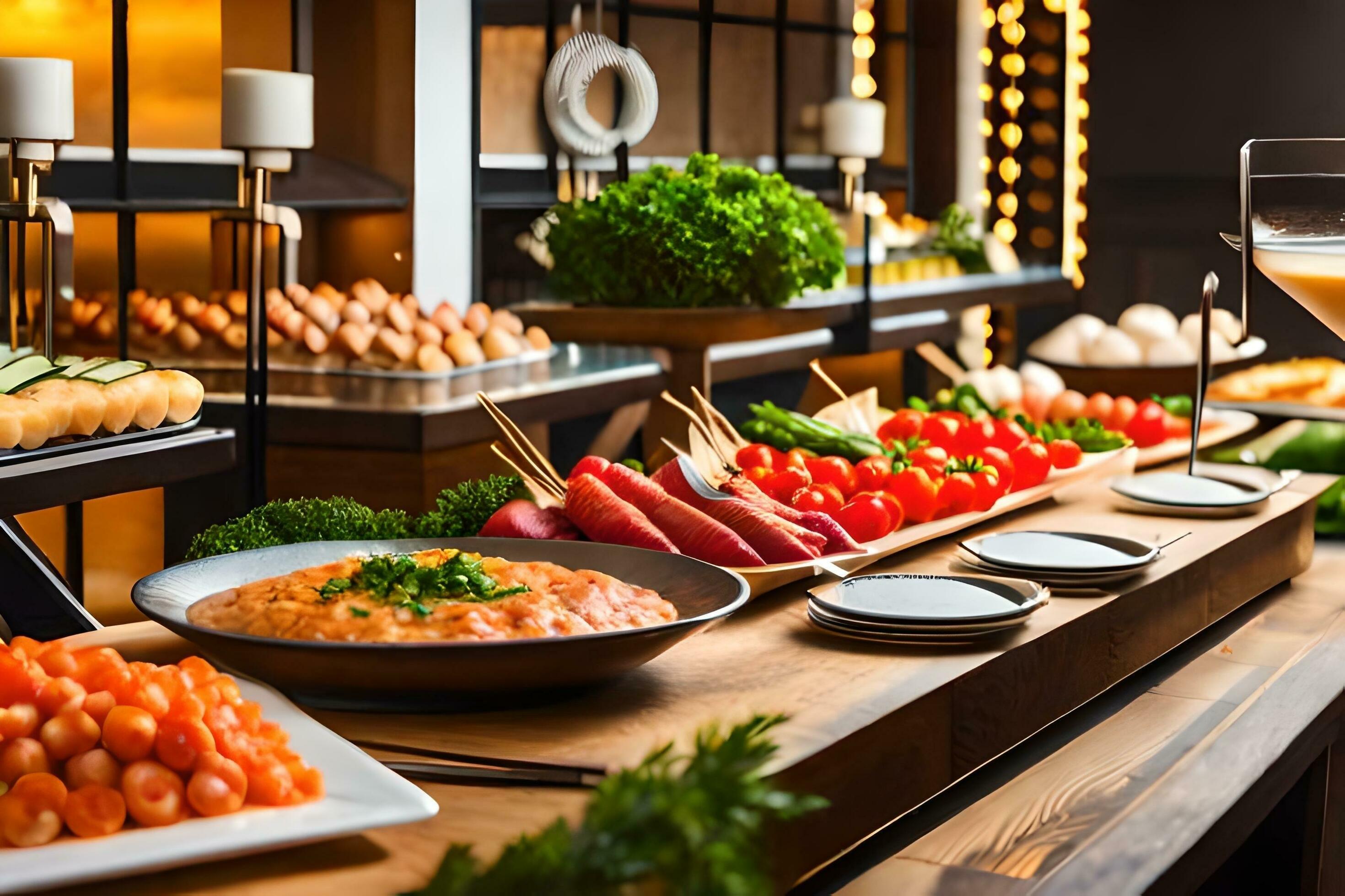 a buffet with various types of food on it. AI-Generated 32452677 Stock