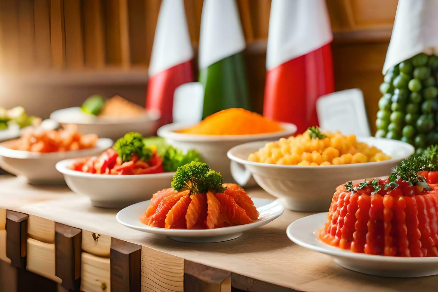a buffet with different types of food on it. AI-Generated 32452711