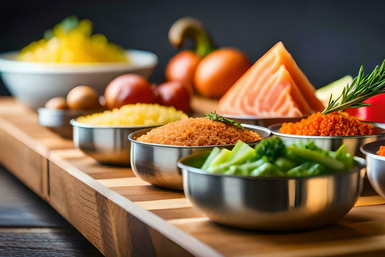 a variety of different foods in metal bowls. AI-Generated photo