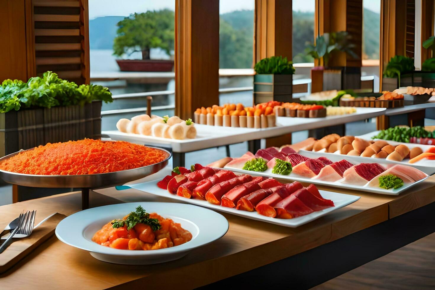 a buffet table with various types of food. AI-Generated 32452918 Stock