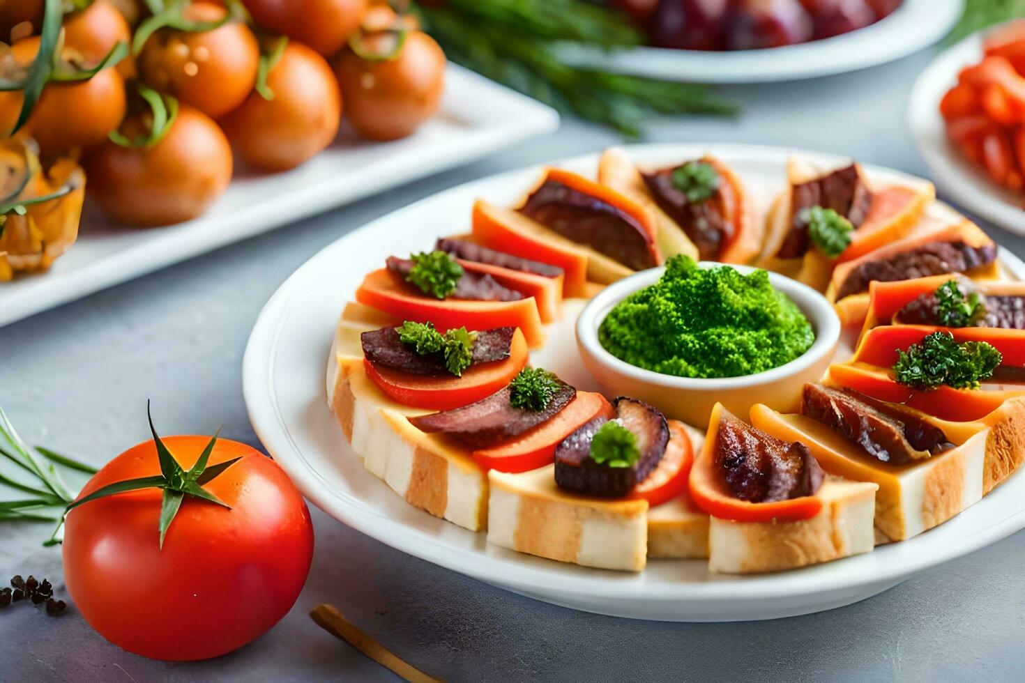 a platter of food with tomatoes, cheese and other vegetables. AI-Generated photo
