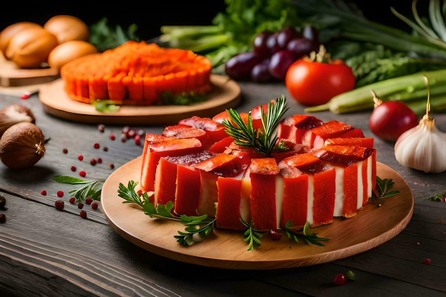 a cake with vegetables and herbs on a wooden table. AI-Generated photo