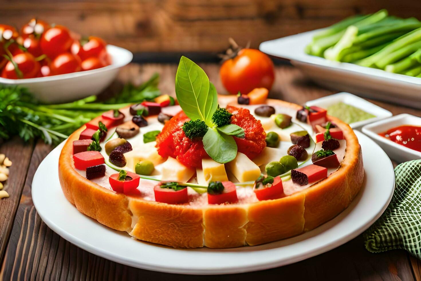 a pizza with vegetables and cheese on a white plate. AI-Generated photo