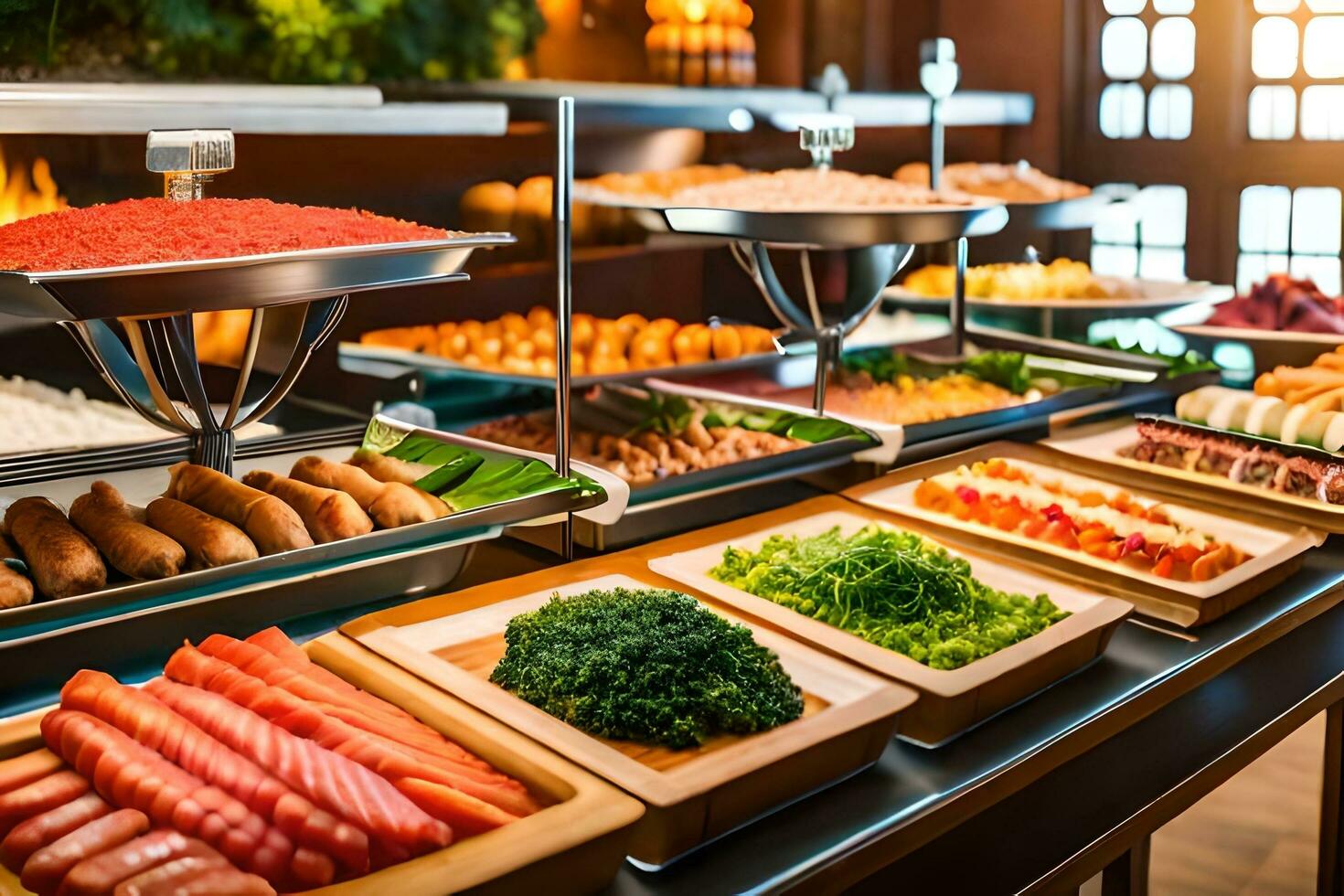a buffet with many different types of food. AI-Generated photo