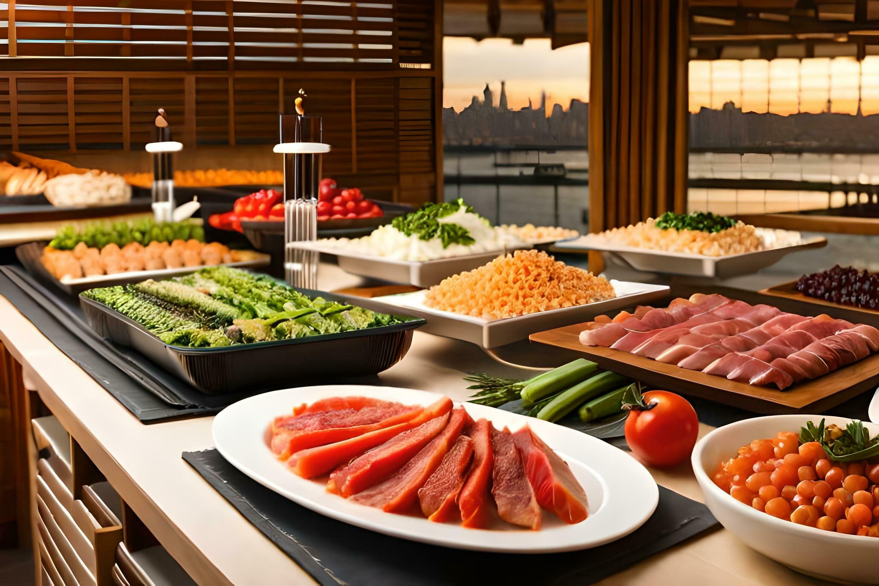a buffet with various types of food on it. AI-Generated 32453138 Stock