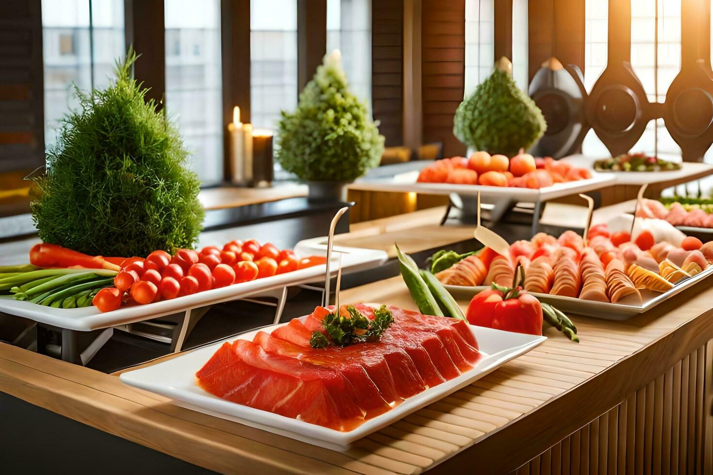 a buffet with various types of food on it. AI-Generated 32453165 Stock