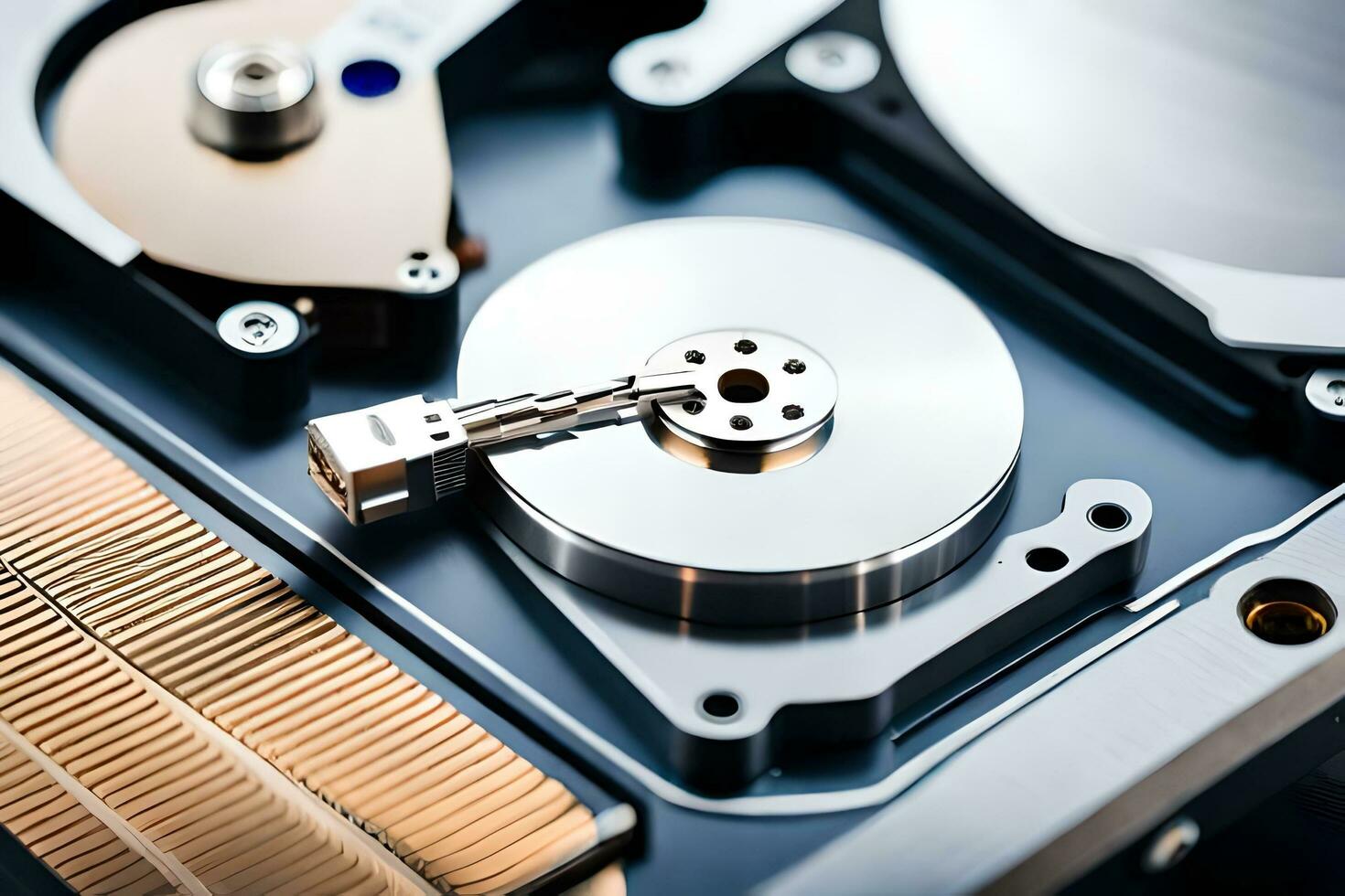 a close up of a hard drive with a metal disk. AI-Generated photo