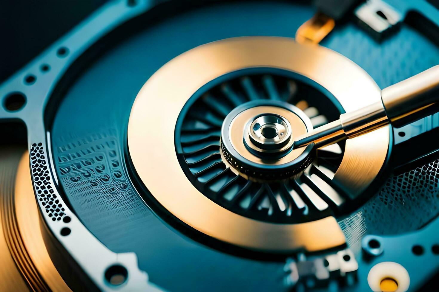 a close up of a computer disk with a mechanical device. AI-Generated photo