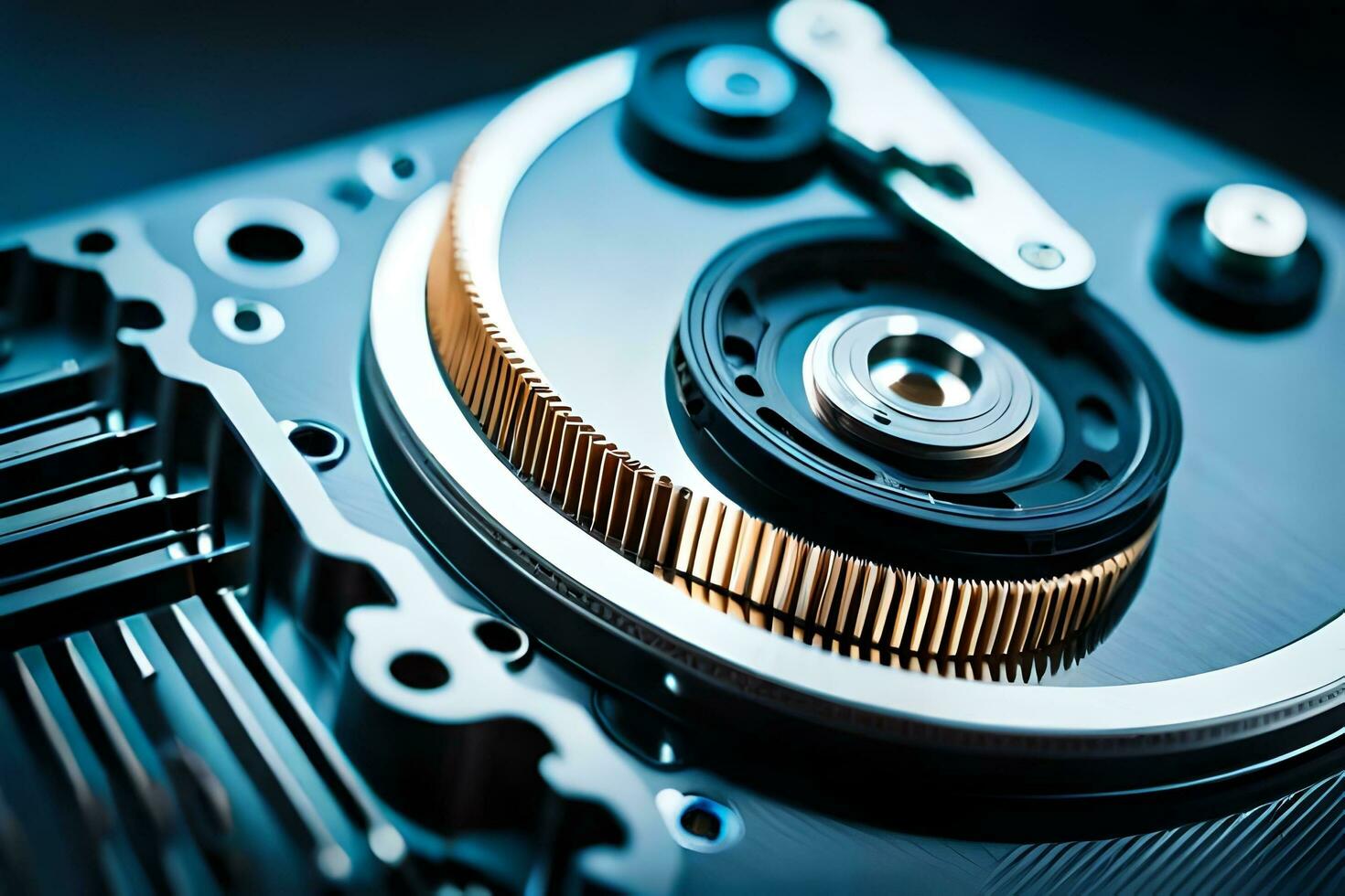 a close up of a hard drive with gears. AI-Generated photo