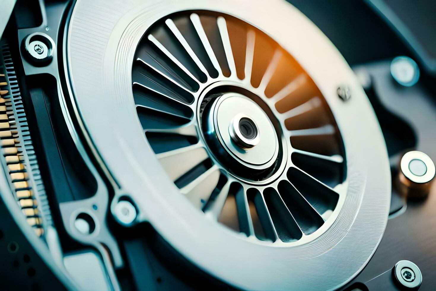 a close up of a hard drive with a metal disk. AI-Generated photo