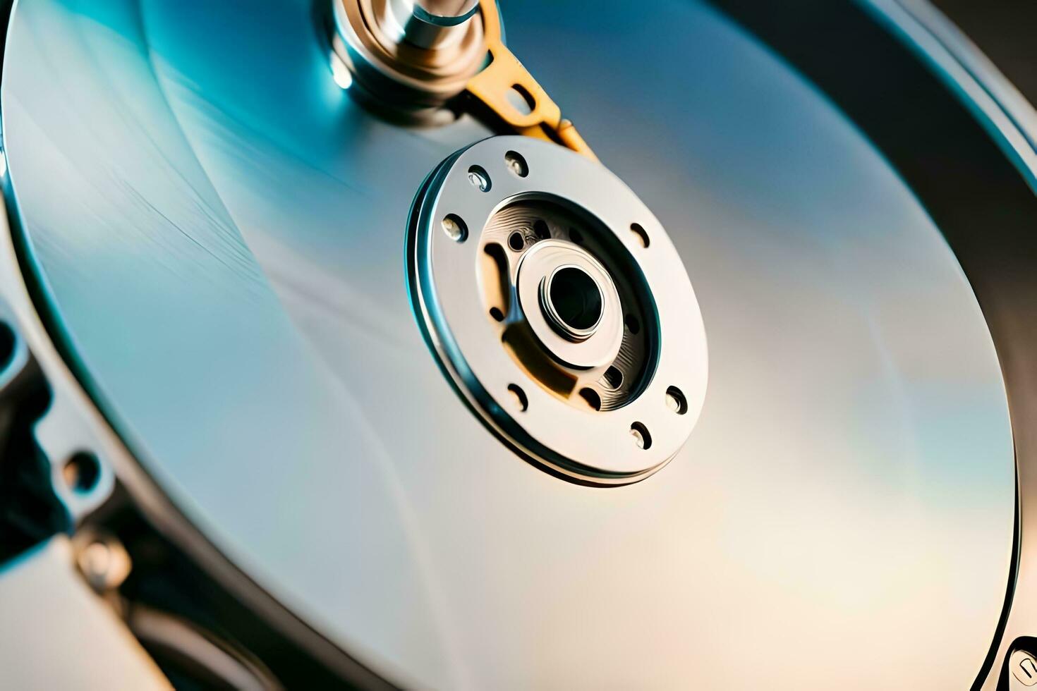 a close up of a hard drive with a metal disk. AI-Generated photo