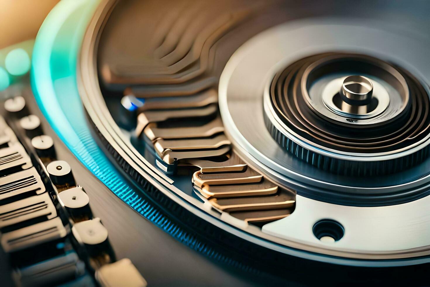 close up of a turntable with a metal disk. AI-Generated photo