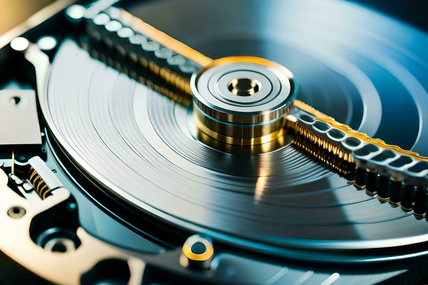 a close up of a hard drive with a metal disk. AI-Generated photo