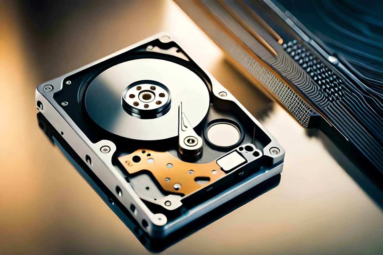 a hard drive is shown on a table. AI-Generated photo