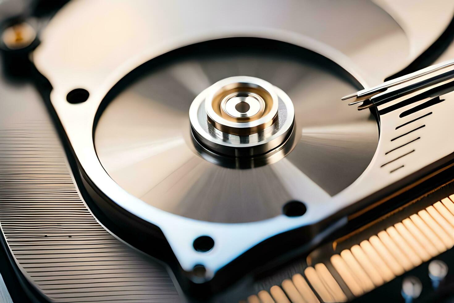 a close up of a hard drive with a metal disk. AI-Generated photo