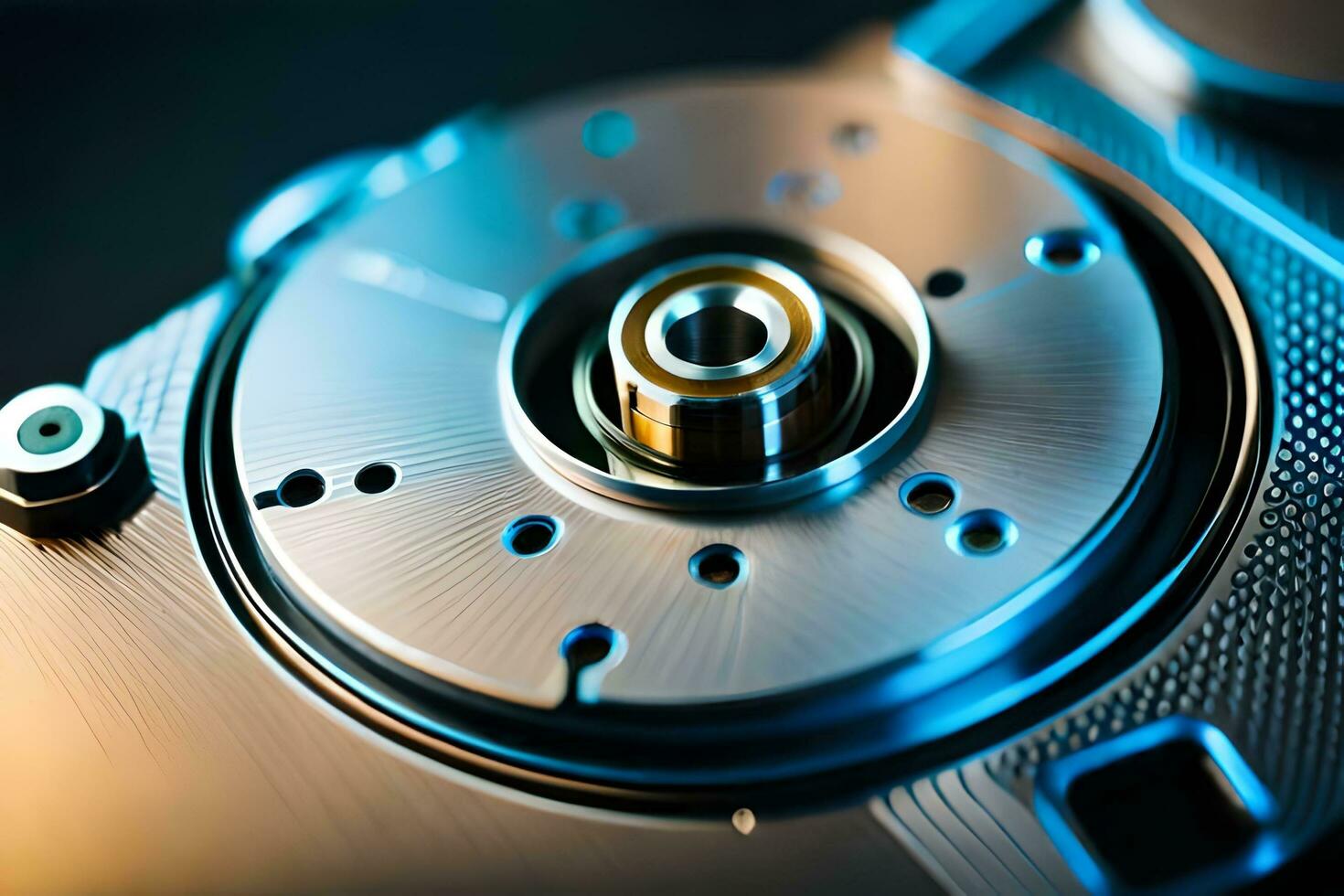 a close up of a metal disk with a blue background. AI-Generated photo